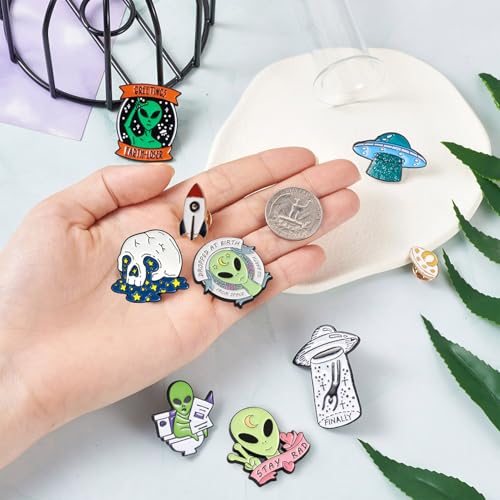 Beadthoven 9pcs Alien Alloy Enamel Brooch Pins (9 Count)