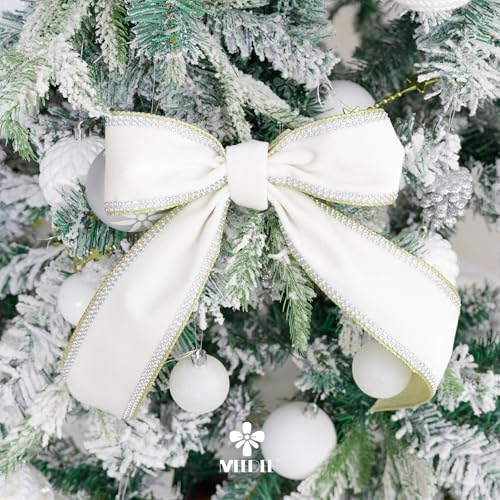 Gold & White Velvet with Rhinstone Edge Wired Ribbon 2.5 Inch Luxury Jeweled Ribbon 5 Yards Sparkling Rhinestone Trim for Christmas Tree (15 Foot)