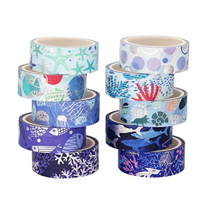 Blue Ocean Washi Tape Set 10 Rolls Bronzing Sea Decorative Masking Tapes for Scrapbooking (10 Count)
