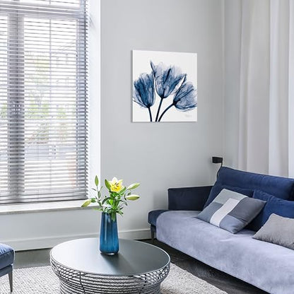 TMP-AK011A-2424 Blue Tulip X-Ray Flower Wall Art on Frameless Free Floating Tempered Glass Panel Ready to Hang, Living Room, Bedroom ＆ Office, 24" x 24" x 0.2"