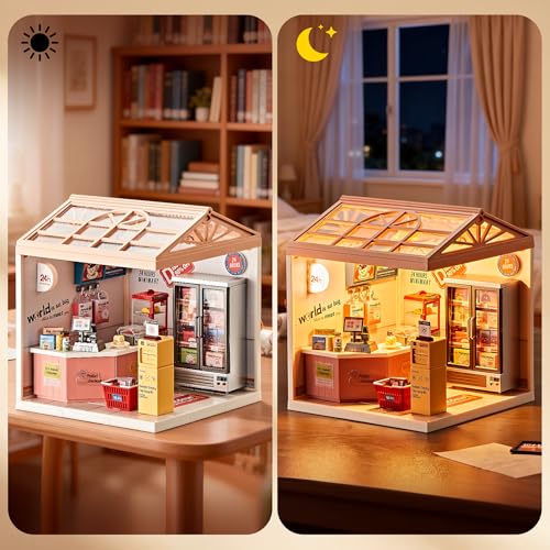 24 Hour Convenience Store DIY Miniature House Kit with Roof & LED Light