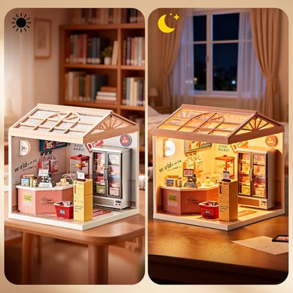 24 Hour Convenience Store DIY Miniature House Kit with Roof & LED Light