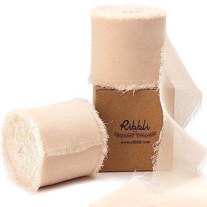 Champagne Chiffon Ribbon 2 Inch x 20 Yard Handmade Fringe Chiffon Silk Ribbon Nude Ribbon for Gifts Wrapping (60 Foot)