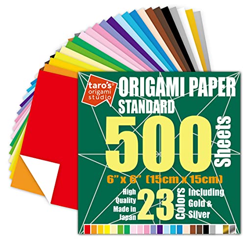 Taro's Origami Studio] Standard 6 Inch One Sided 23 Colors 500 Sheets Square Easy Fold Premium Japanese Paper for Beginner