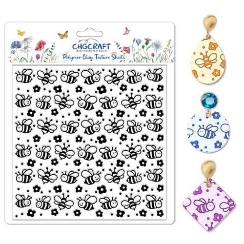 Cartoon Bees Pattern Polymer Clay Texture Sheet Seamless Flowers Pattern Silicone Texture Mat for Polymer Clay Making Earrings Jewelry DIY Crafts 5.5 × 5.5 Inch