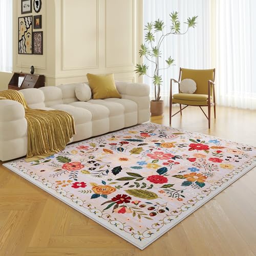 Living Room Rug 5x7 Rug Machine Washable Boho Area Rug Non Slip Floral Vintage Low Pile Large Rugs for Living Room