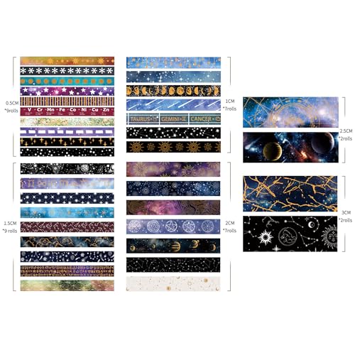 36 Rolls Galaxy Washi Tape Pack Stars Arts Adhesive Tapes Gold Silver Foil Decorative Masking Tape Sets for Craft (36 Count)