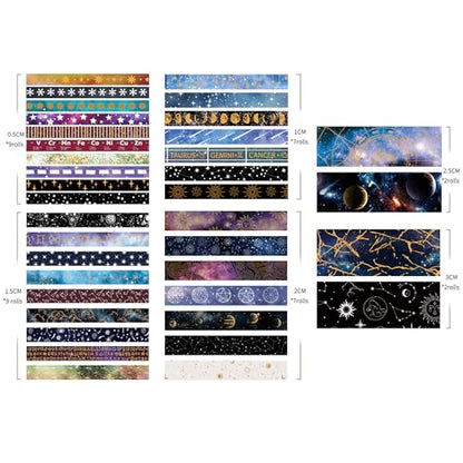36 Rolls Galaxy Washi Tape Pack Stars Arts Adhesive Tapes Gold Silver Foil Decorative Masking Tape Sets for Craft (36 Count)