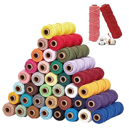 36 Colors Macrame Cord 3mm x 1188 Yards Natural Colored Macrame Supplies 4 Strand Twisted Macrame Kit Cotton Cord Rope Macrame Yarn Twine String for Crafts Wall Hanging Plant Hanger DIY Knitting (3564 Foot)