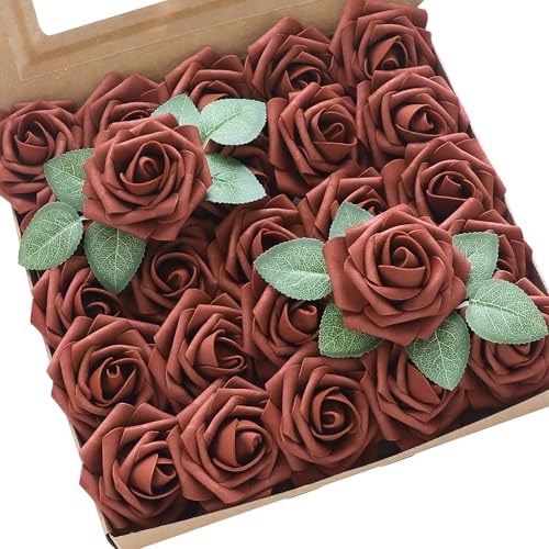 Artificial Flowers 25pcs Real Looking Terracotta Foam Fake Roses with Stems for DIY Wedding Bouquets Bridal Shower Centerpieces Floral Arrangements Party Tables Home Decorations (25 Count)