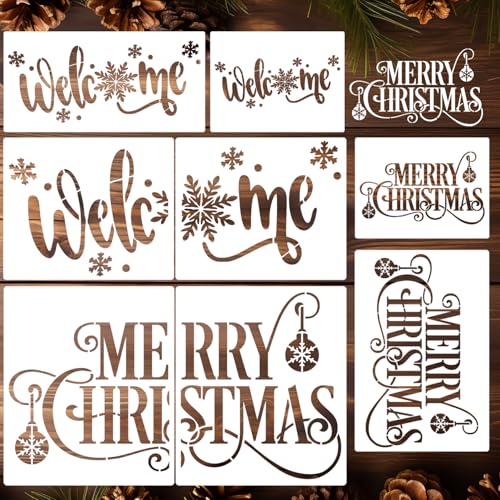 Christmas Stencils for Crafts Reusable Merry Christmas Stencil Xmas Holiday Stencils for Painting on Wood Doormats Fabrics (8 Count)