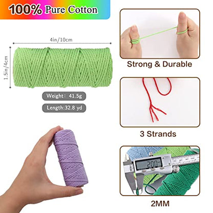 Macrame Cord 2mm x 590 Yards 18 Rolls Natural Cotton Cord 3 Stands Jute Twine String Soft Rope Assorted Colored Yarns for DIY Knitting Knotting Craft Macrame Project Supplies (1770 Foot)