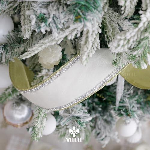 Gold & White Velvet with Rhinstone Edge Wired Ribbon 2.5 Inch Luxury Jeweled Ribbon 5 Yards Sparkling Rhinestone Trim for Christmas Tree (15 Foot)