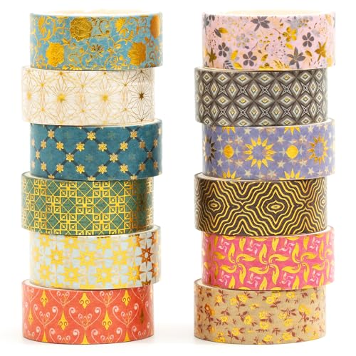 12 Rolls Charming Washi Tape Set Gold Silver Foil Detailing Arts Adhesive Tapes Basic Patterns Decorative Masking Tape Sets for Craft (12 Count)