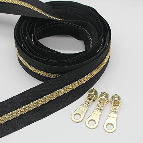 5 Gold Metallic Nylon Coil Zippers by The Yard Bulk 10 Yards Black Tape with 25pcs Gold Sliders for DIY Sewing Tailor Craft Bag