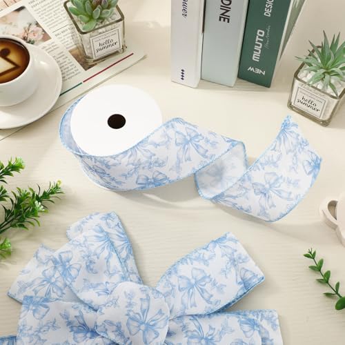 Blue Floral Bow Wired Edge Ribbon Chinoiserie Flower Bowknot Fabric Ribbon for DIY Crafts Wreath Bow Making Supplies