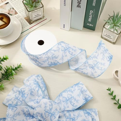 Blue Floral Bow Wired Edge Ribbon Chinoiserie Flower Bowknot Fabric Ribbon for DIY Crafts Wreath Bow Making Supplies
