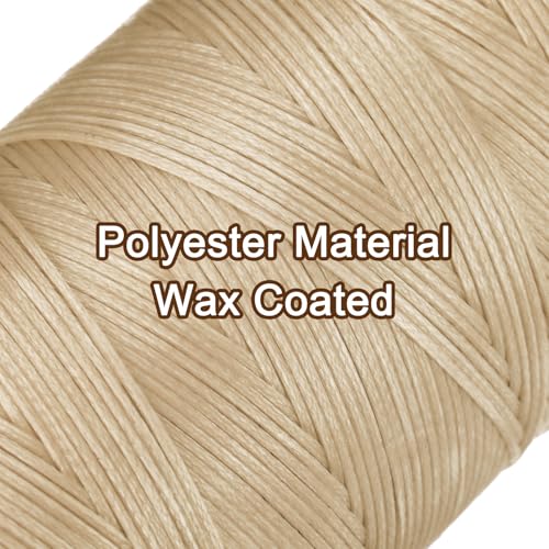 150D 0.8mm Flat Waxed Thread 284 Yards Polyester Leather Sewing Waxed String Hand Stitching Waxed Cord for Leather Stitching Sewing Bookbinding DIY Craft Light Khaki