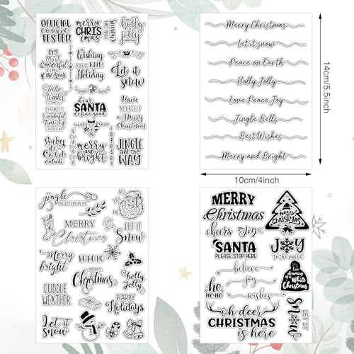 4 Sheet Christmas Words Clear Stamps Greeting Words Santa Xmas Tree Pattern Silicone Transparent Stamps Border Stamp Cards for DIY Craft Card Making Scrapbooking Embossing Album Decor (4 Count)