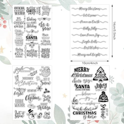 4 Sheet Christmas Words Clear Stamps Greeting Words Santa Xmas Tree Pattern Silicone Transparent Stamps Border Stamp Cards for DIY Craft Card Making Scrapbooking Embossing Album Decor (4 Count)