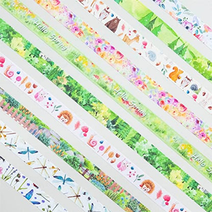 10 Rolls Four Seasons Washi Tape Set Green Grass Flowers Masking Decorative Tapes (10 Count)