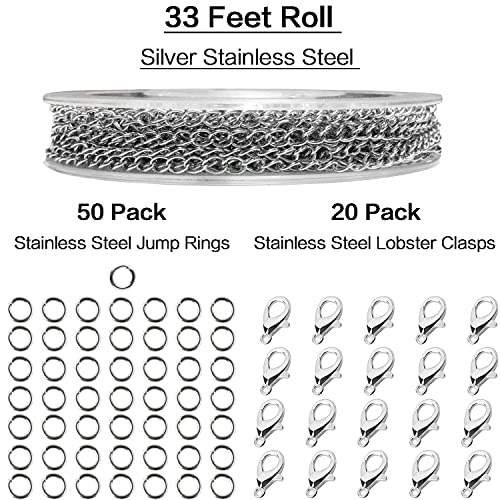 33ft Necklace Extender Chain 3mm Silver Stainless Steel Curb Link Chain for Jewelry Making