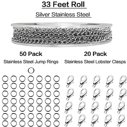 33ft Necklace Extender Chain 3mm Silver Stainless Steel Curb Link Chain for Jewelry Making