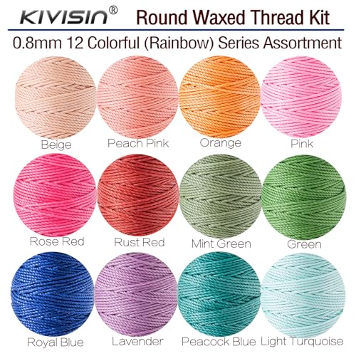 12 Colored Round Waxed Thread 0.8mm