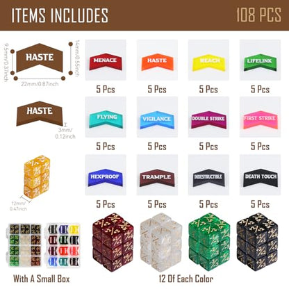 108PCS MTG Keyword Tokens & 12mm MTG Life Counter Dice Set for Magic Card