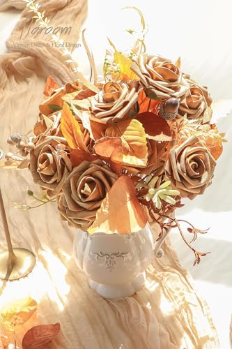 Artificial Flowers 25pcs Real Looking Antique Gold Foam Fake Roses with Stems for DIY Wedding Bouquets Bridal Shower Centerpieces Floral Arrangements Party Tables Home Decorations (25 Count)