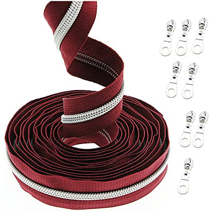 5 Metallic Silver Nylon Coil Zippers by The Yard Bulk 10 Yards Wine Color Zipper Tape with 25pcs Silver Sliders for DIY Sewing Tailor Craft Bag