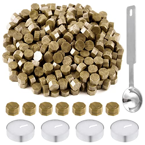 500 Pcs Octagon Sealing Wax Beads Bronze Wax Seal Beads with 4 Pcs Tea Candles and 1 Pcs Wax Melting Spoon for Crafts Letter Wine Greeting Cards Sealing (7.7603 Ounce)