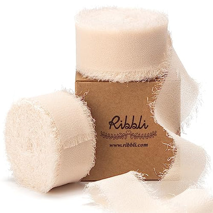 Champagne Chiffon Ribbon 1 Inch x 20 Yard Handmade Fringe Chiffon Silk Ribbon Nude Ribbon for Gifts Wrapping (60 Foot)