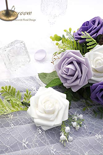 Artificial Flowers 25pcs Real Looking Violet Purple Ombre Colors Foam Fake Roses with Stems for DIY Wedding Bouquets Bridal Shower Centerpieces Party Tables Home Decorations (25 Count)