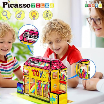 60pc Magnetic Building Block Magnet Tile Toy Shop Theme Pretend Play Construction Kit Reconfigurable Printed Structure Double (7 Count)
