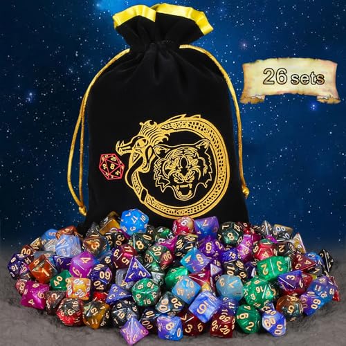 Starry Glitter Polyhedral Dice Set with Drawstring Pouch (182 Count)