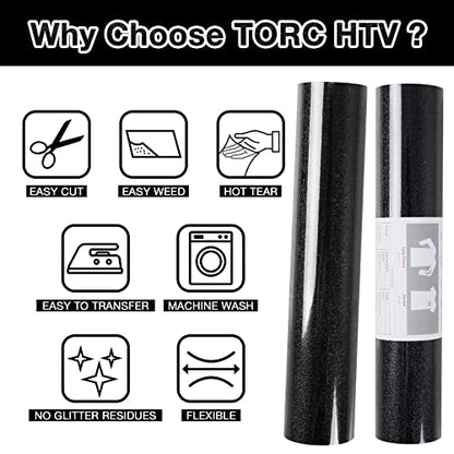 Black Glitter HTV Heat Transfer Vinyl Roll 12 inch x 20 ft Iron on Vinyl for T Shirts Crafts Bulk