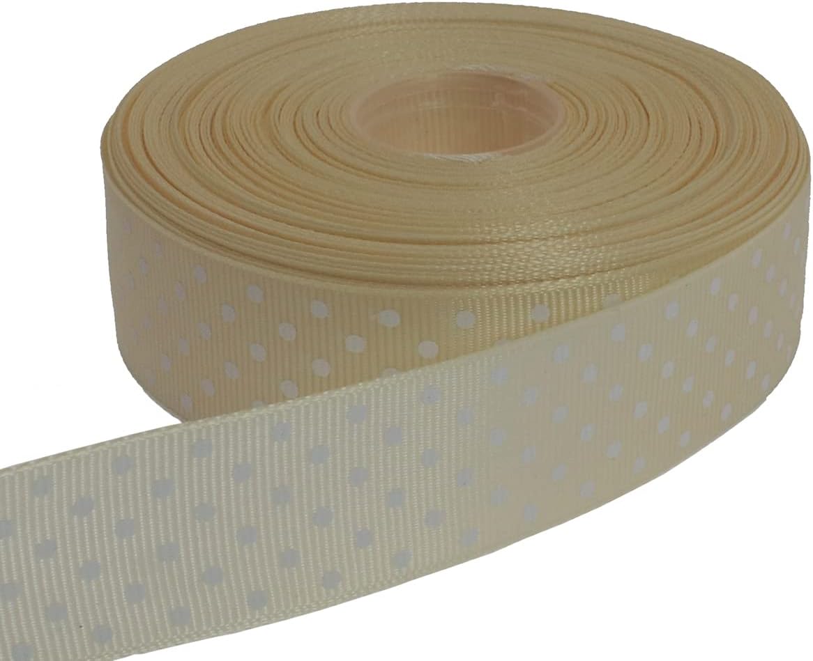 Polka Dot Grosgrain Ribbon 25 Yard Each Roll 100% Polyester (1", Beige) - Crafty Corner