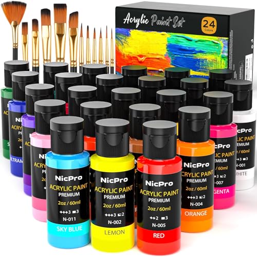 Acrylic Paint Set 24 Colors 2oz with 12 Brushes & Palette (48 Fl Oz)