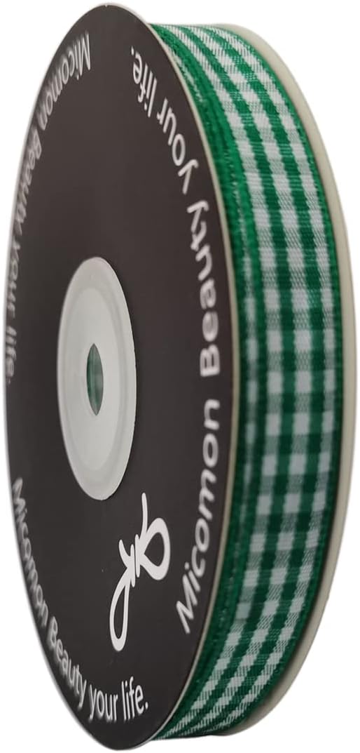 Green Gingham Plaid Checked Christmas Ribbon 25 Yard Each Roll 100% Polyester (3/8", Green) - Crafty Corner