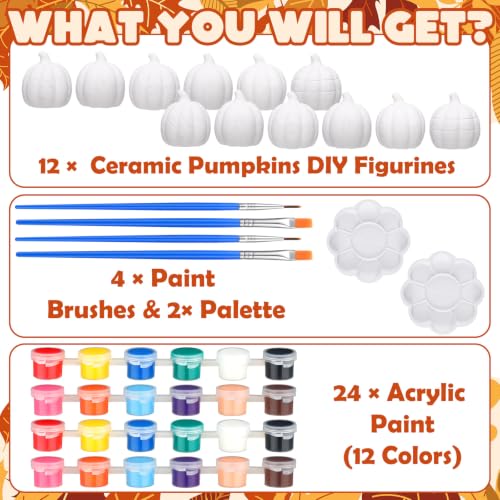 12 Set Fall Pumpkin Ceramics to Paint Autumn Pumpkin Ready to Paint Your Own Ceramic Pumpkins Statues DIY Unpainted Ceramics Paintable Fall Thanksgiving Figurines Kit Craft with Brush Palette