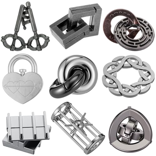 9 Pcs Metal Brain Teasers 3D Steel Puzzle Set (9 Count)