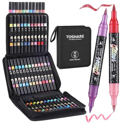 96 Colors 48 Pack Glitter Markers Pens Sparkle Markers Dual Brush Tip (48 Count)
