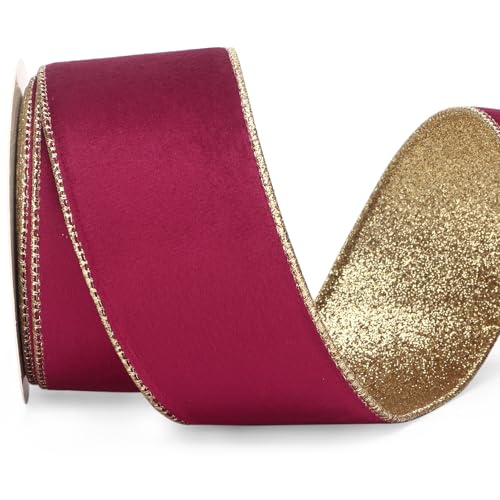 Burgundy Velvet Wired Ribbon 2.5 Inch Burgundy Velvet with Gold Glitter Christmas Ribbon for Christmas Tree Decoration Big Bow Gift Wrapping Crafts Wreaths Supplies (30 Foot)