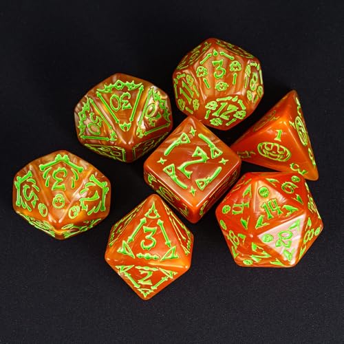 7 Die DND Dice Set Scary Pattern Polyhedral Dice Set with Dice Bag (7 Count)