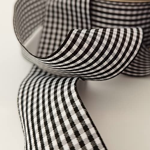 1.5 Inch Black and White Woven Edge Gingham Ribbon 25 Yards Each Roll 100% Polyester (75 Feet)
