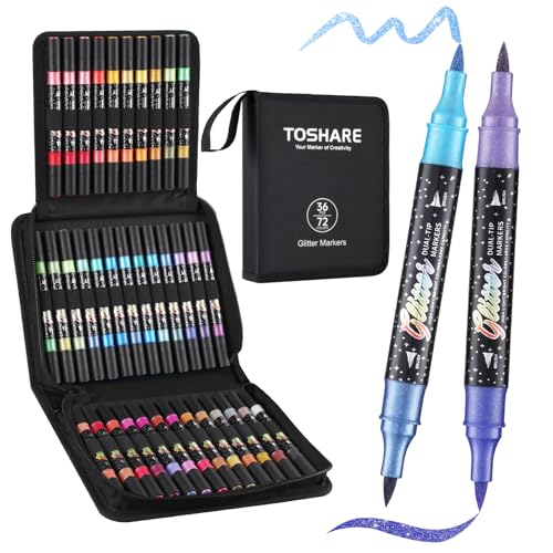 72 Colors 36 Pack Glitter Markers Pens Sparkle Markers Dual Brush Tip (36 Count)