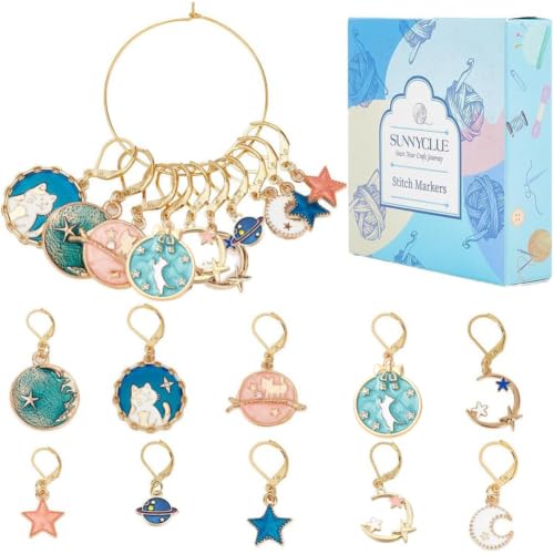 1 Box 20Pcs Stitch Markers Crochet Stitch Marker Cute Planet Moon Star Enamel Charms Clip On Removable Lobster Clasp Zipper Pull Charm Locking Knitting Markers for Weaving Sewing Quilting (20 Count)
