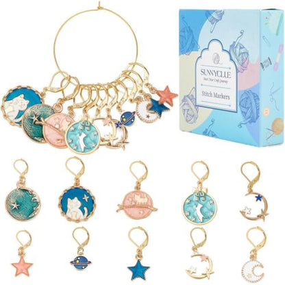 1 Box 20Pcs Stitch Markers Crochet Stitch Marker Cute Planet Moon Star Enamel Charms Clip On Removable Lobster Clasp Zipper Pull Charm Locking Knitting Markers for Weaving Sewing Quilting (20 Count)