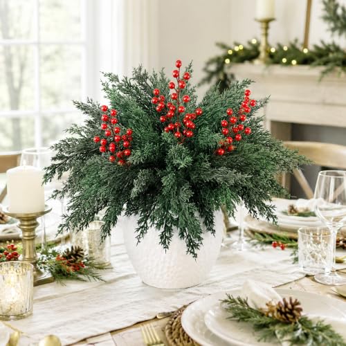 10 Pcs 16.5" Christmas Artificial Pine Branches with Red Berry Stems (10 Count)